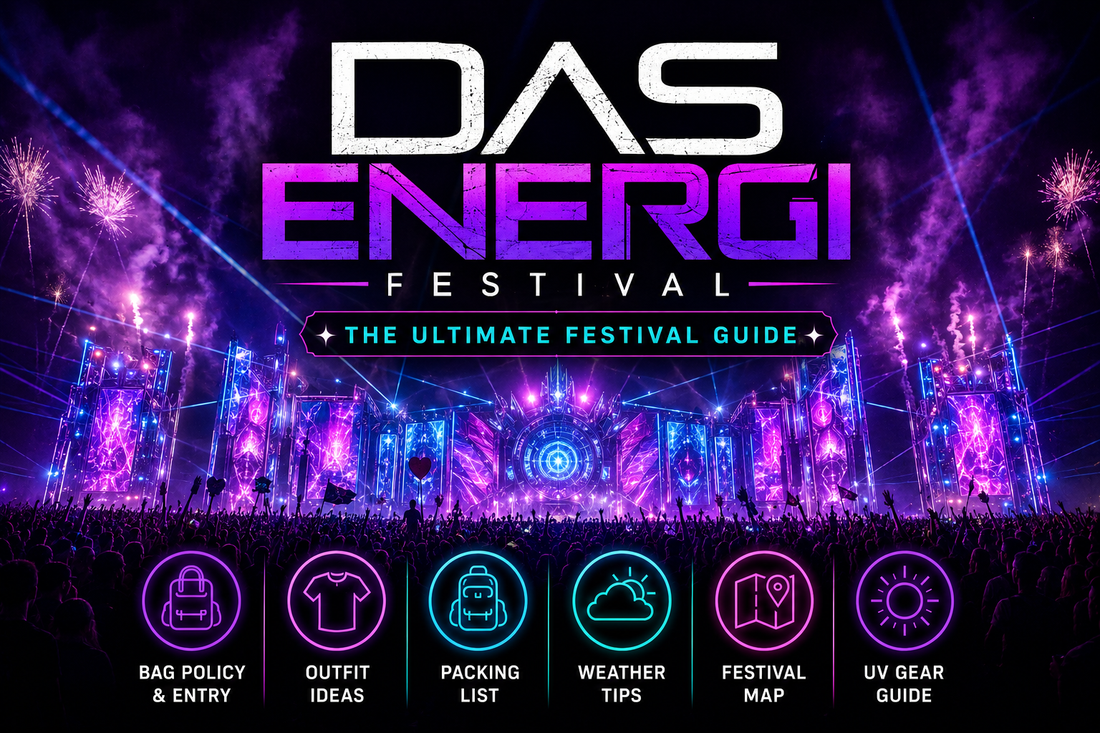 Das Energi Festival guide blog cover featuring outfit ideas, packing list, weather tips, festival map, bag policy, and UV festival gear with a vibrant electronic music festival stage and immersive light show.