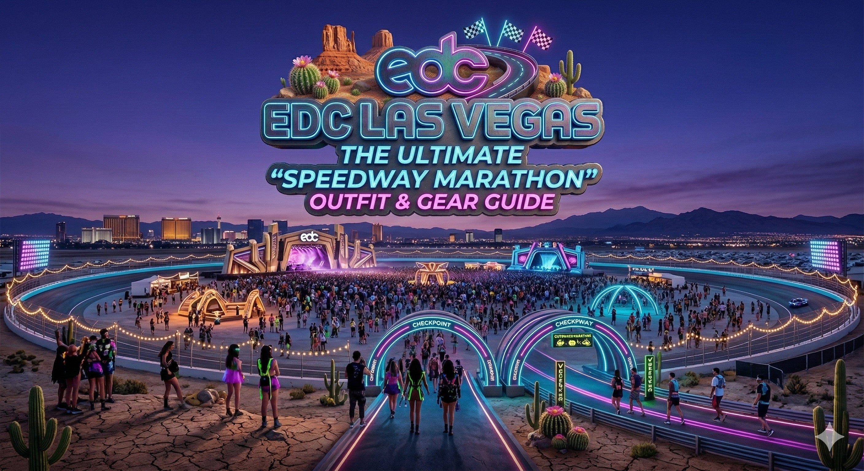 EDC Las Vegas 2026 title graphic with oil slick and neon text over a sprawling festival crowd at the Las Vegas Motor Speedway with desert mountains and art installations at twilight