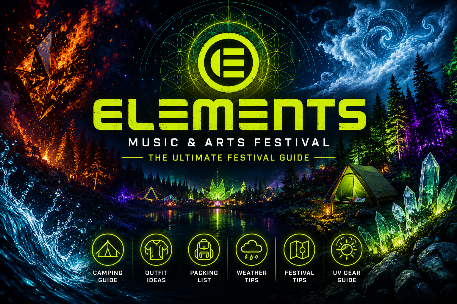Elements Music & Arts Festival guide blog cover featuring camping, outfit ideas, packing list, weather tips, festival map, and UV festival gear in a colorful forest scene.