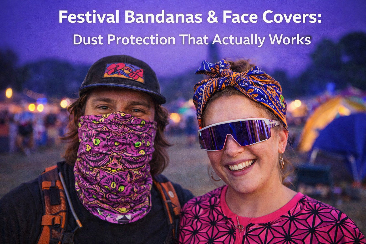 Man wearing a tubular bandana as a face cover and woman wearing a square bandana on her head at a music festival for dust protection
