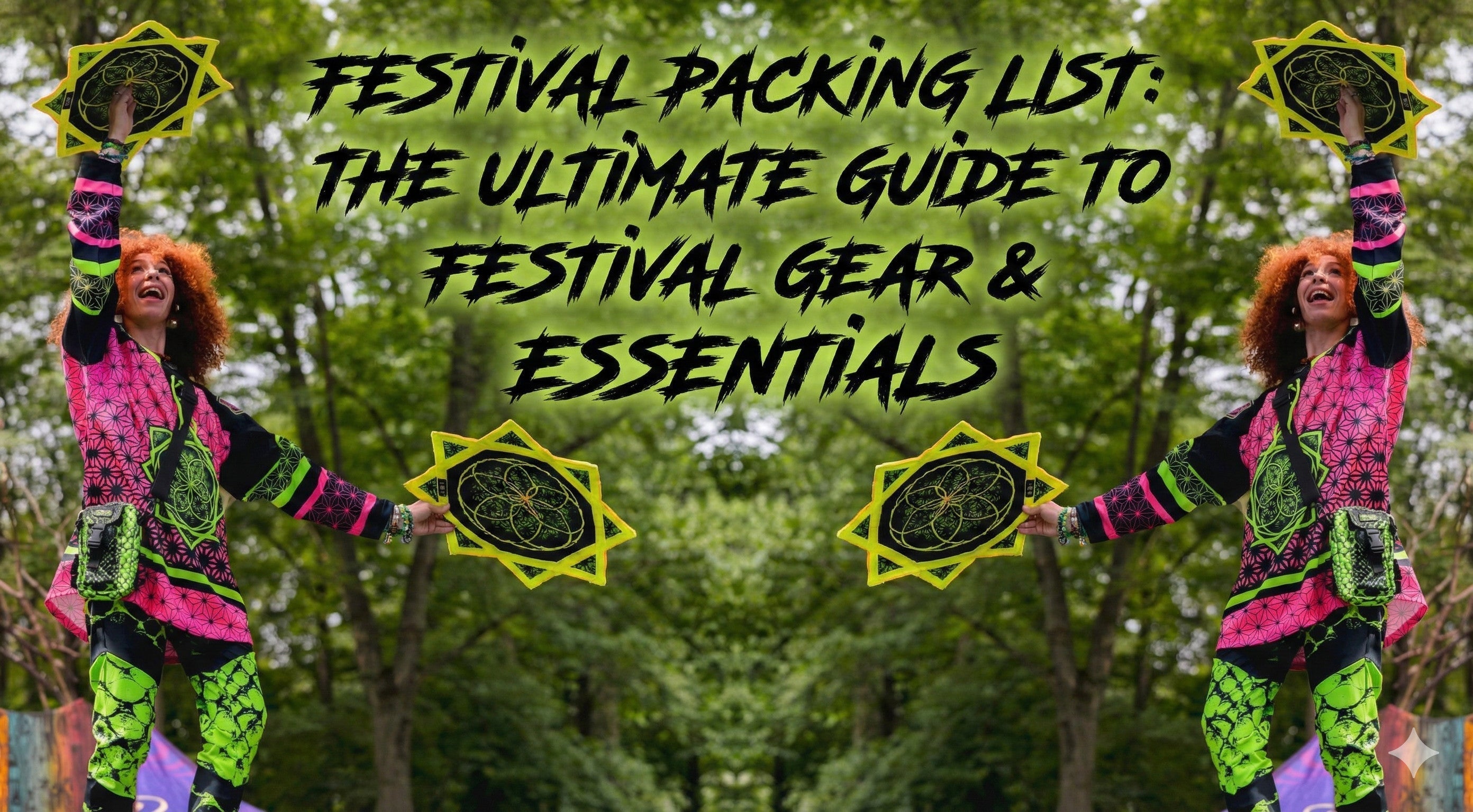 Festival Packing List blog cover featuring a smiling raver in a neon geometric outfit holding flow stars. Text overlay reads: The Ultimate Guide to Festival Gear & Essentials.