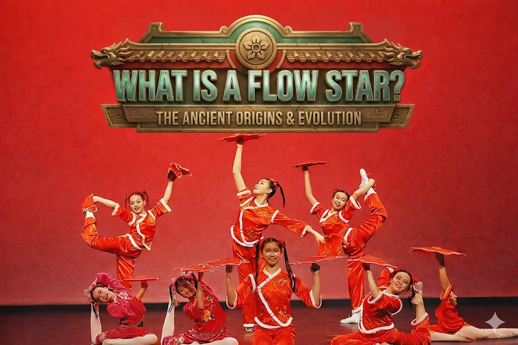 Chinese Errenzhuan dancers performing traditional Shou Juan handkerchief spinning, the ancient cultural origins of the modern FlowStar used in flow arts and festival performance.
