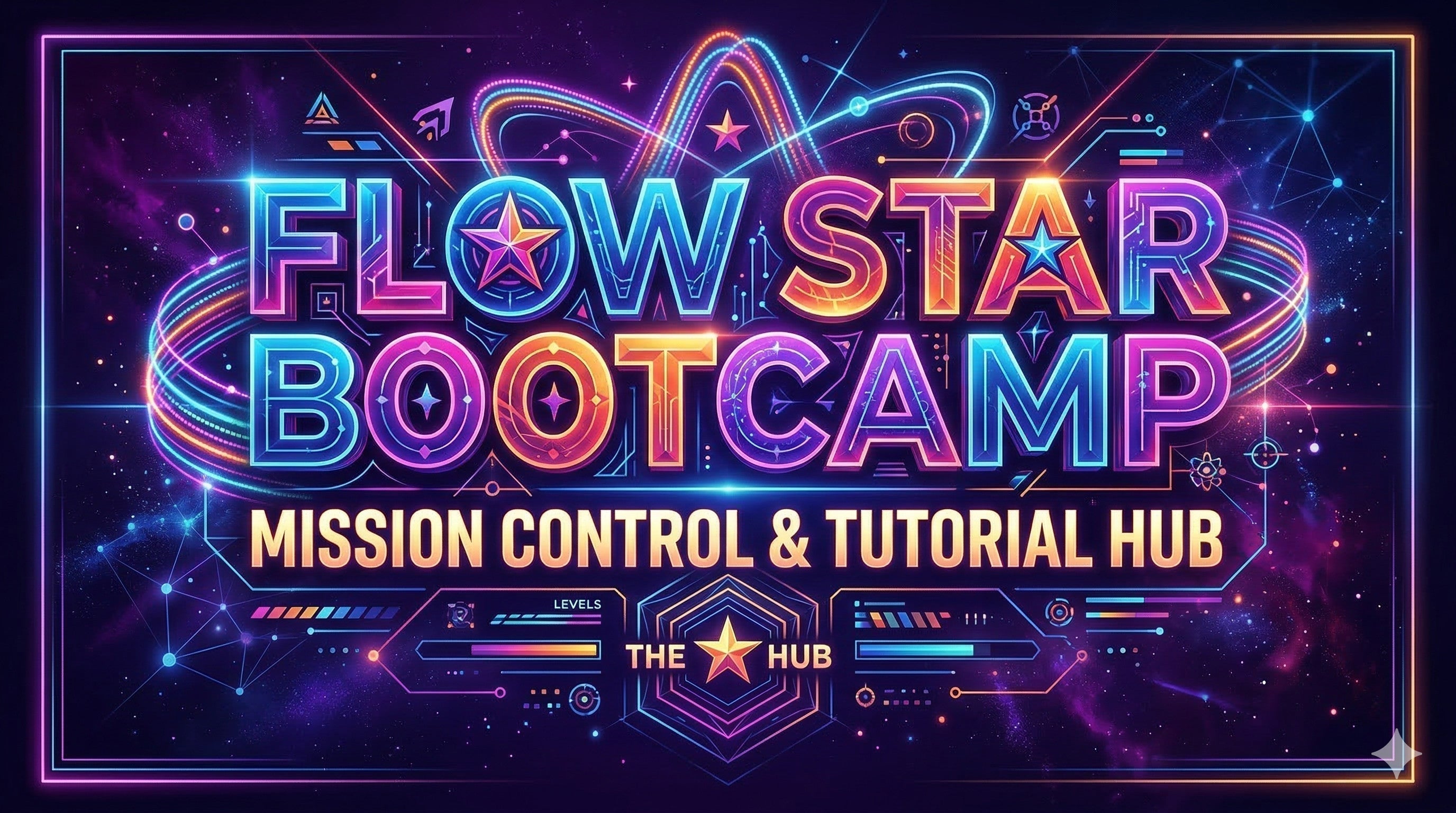 Blog cover graphic for Flow Star Bootcamp: Mission Control and Tutorial Hub, featuring neon festival-style design elements.