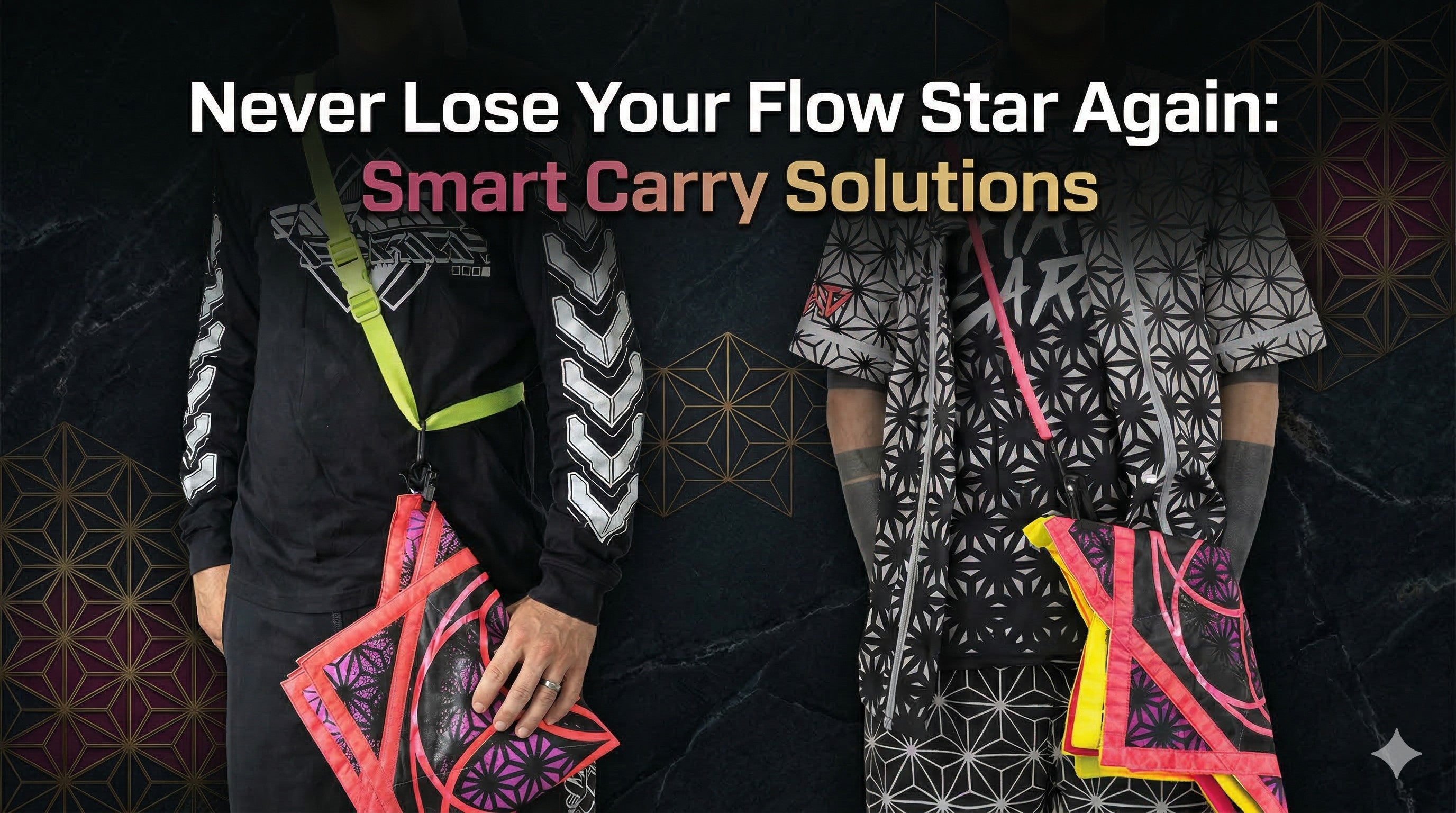 Two people wearing geometric festival gear demonstrating the Flow Star Smart Carry shoulder strap with a pink and purple flow star.