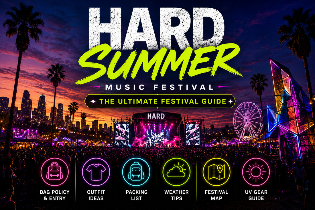 HARD Summer Music Festival guide blog cover featuring outfit ideas, bag policy, packing list, weather tips, festival map, and UV festival gear with a vibrant Los Angeles city festival backdrop.