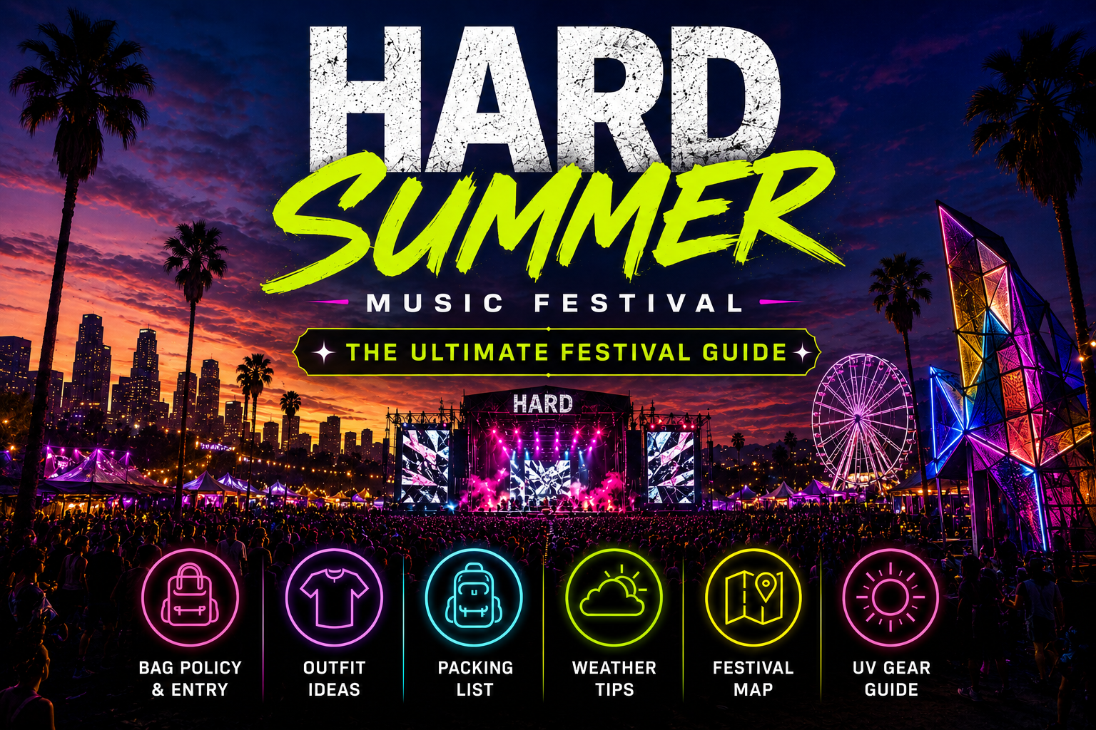 HARD Summer Music Festival guide blog cover featuring outfit ideas, bag policy, packing list, weather tips, festival map, and UV festival gear with a vibrant Los Angeles city festival backdrop.