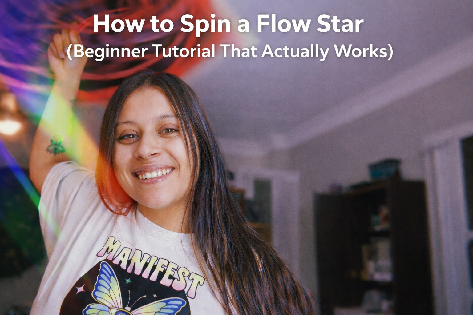 Woman practicing how to spin a flow star, beginner tutorial image showing proper hand positioning and motion