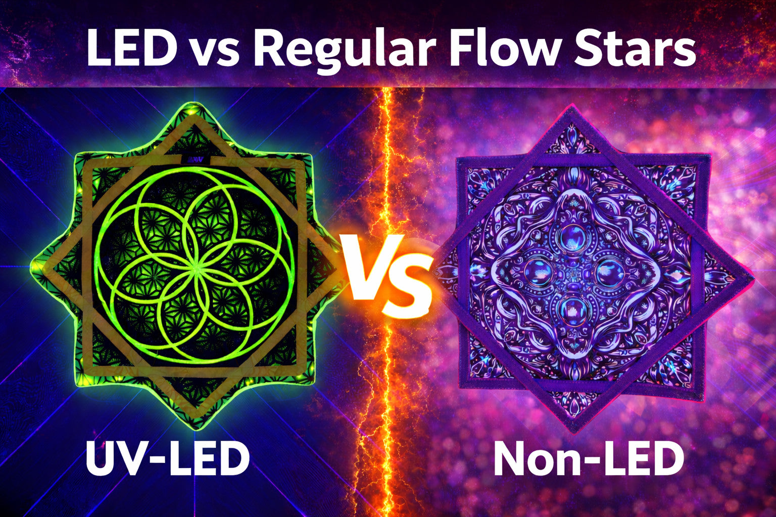 LED vs Regular Flow Stars comparison image showing a side-by-side UV-LED and Non-LED Flow Star in a bold versus layout highlighting visual differences.