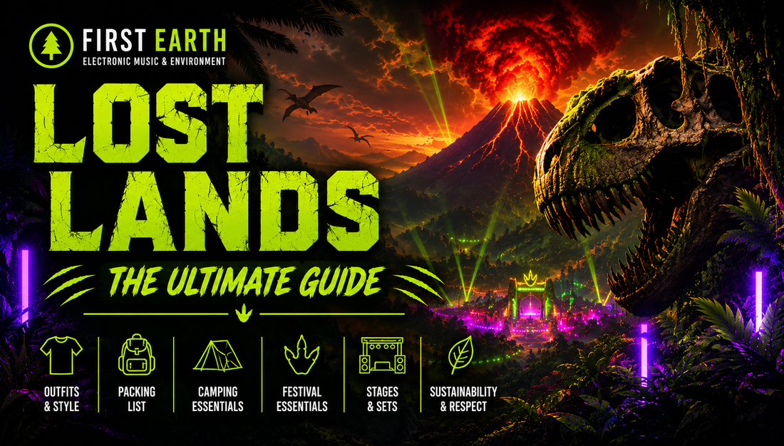 Lost Lands festival guide cover with prehistoric jungle, erupting volcano, dinosaur fossil, neon stage lights, camping icons, outfit tips, packing list, and festival essentials.