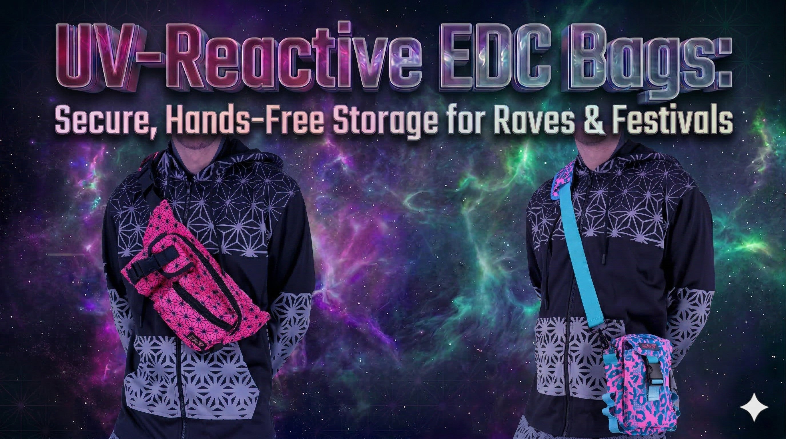 Secure pink rave sling bag with UV-reactive geometric design and adjustable black strap.