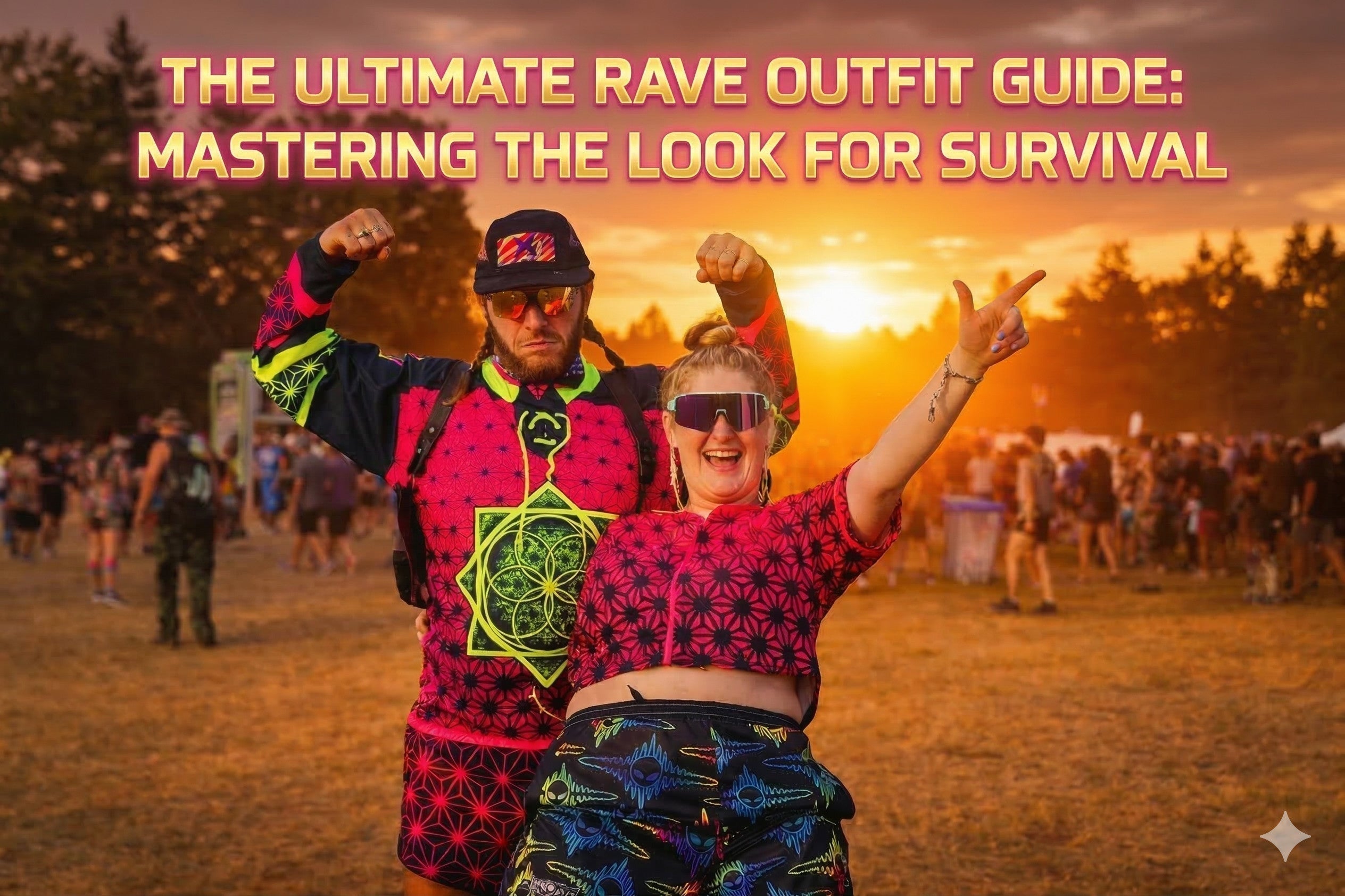 Couple in pink geometric festival outfits and rave clothing at sunset. Men’s psychedelic jersey and women's trippy crop top.