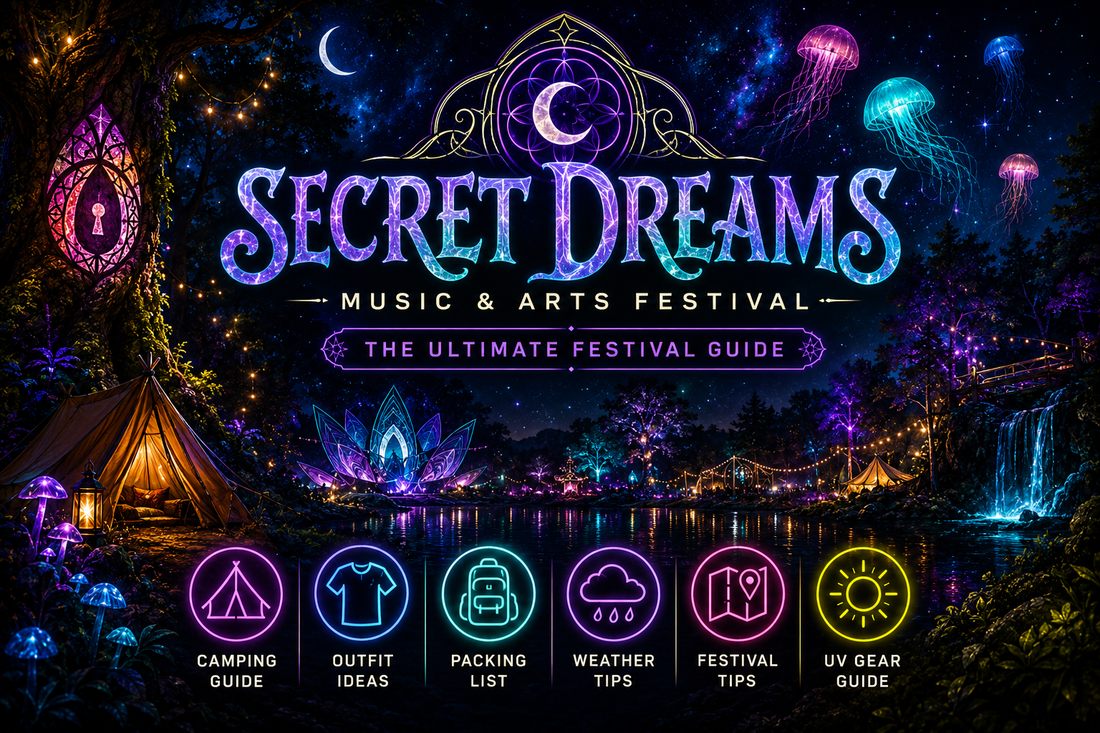 Secret Dreams Music & Arts Festival guide blog cover featuring camping, outfit ideas, packing list, weather tips, festival map, and UV festival gear in a colorful dreamlike forest.