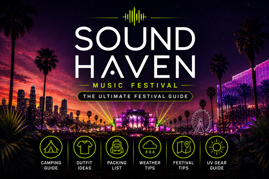 Sound Haven Music Festival guide blog cover featuring bass music, camping, outfit ideas, packing list, weather tips, festival map, and UV festival gear in a vibrant Tennessee festival landscape.