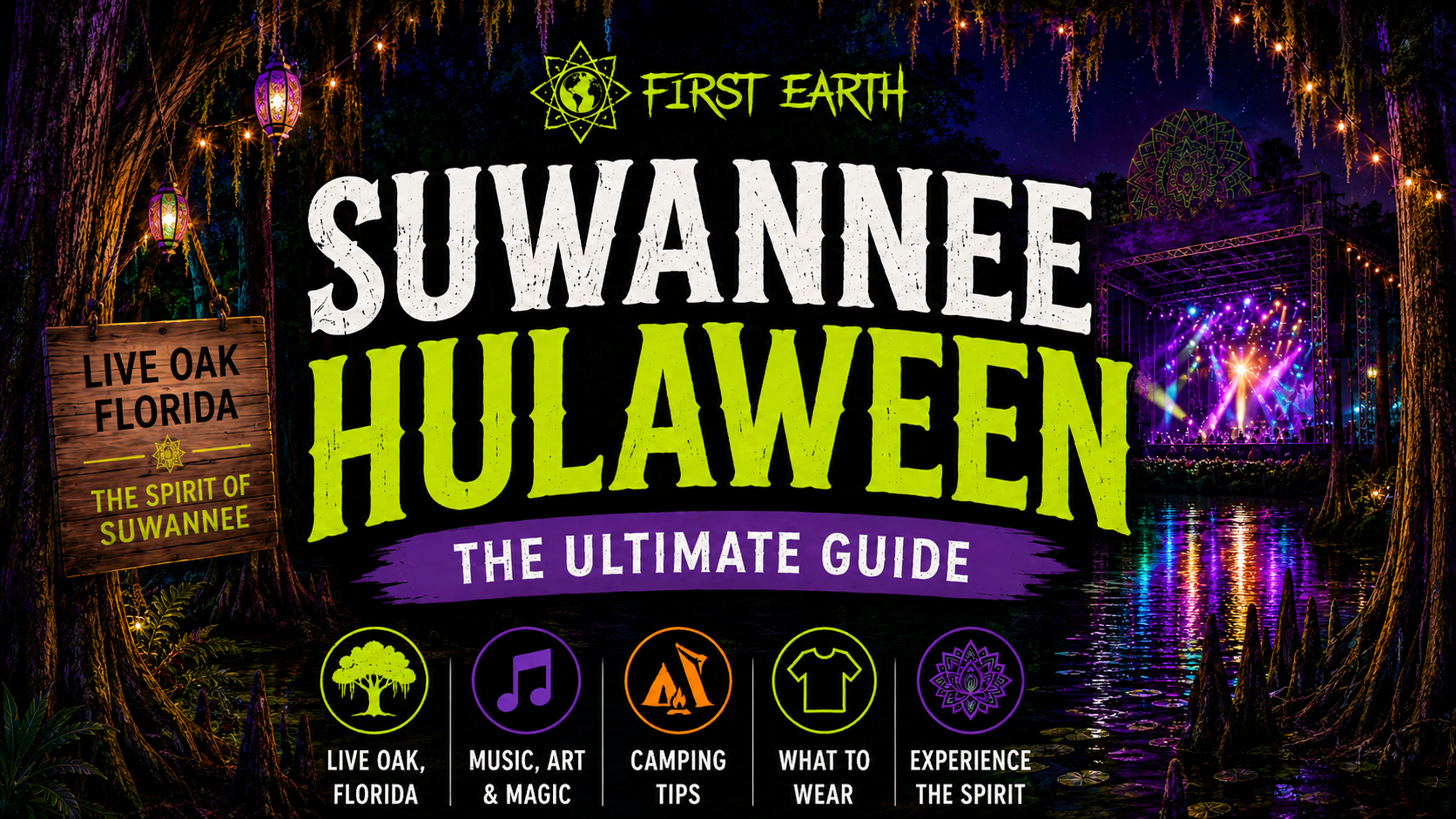Suwannee Hulaween 2026 guide cover featuring a neon forest festival scene at Spirit of the Suwannee with Halloween atmosphere, outfits, packing list, and camping essentials.