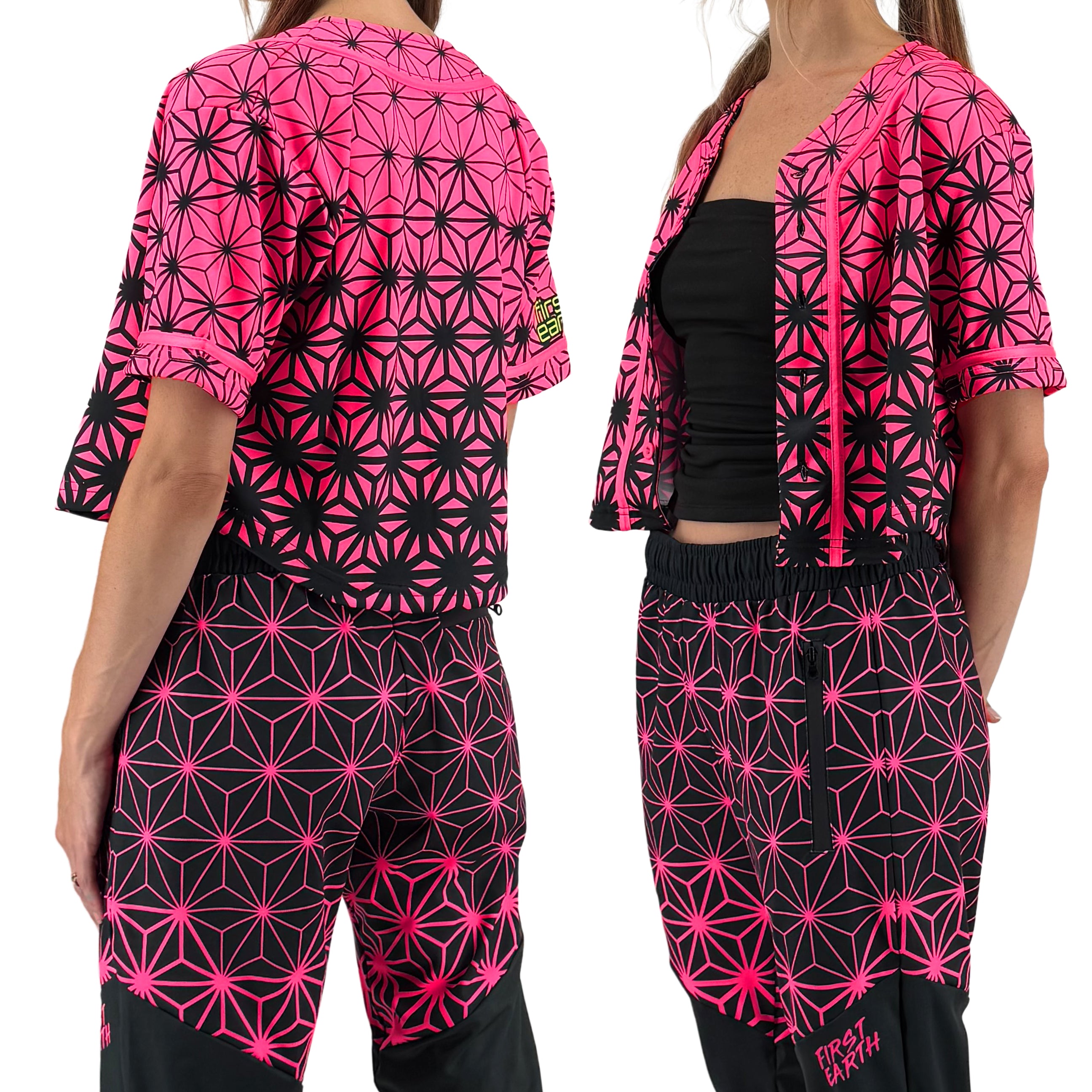 Asanoha pink UV crop baseball jersey by First Earth – cropped rave tee that glows under blacklight, featuring delicate Asanoha geometry on breathable fabric 
