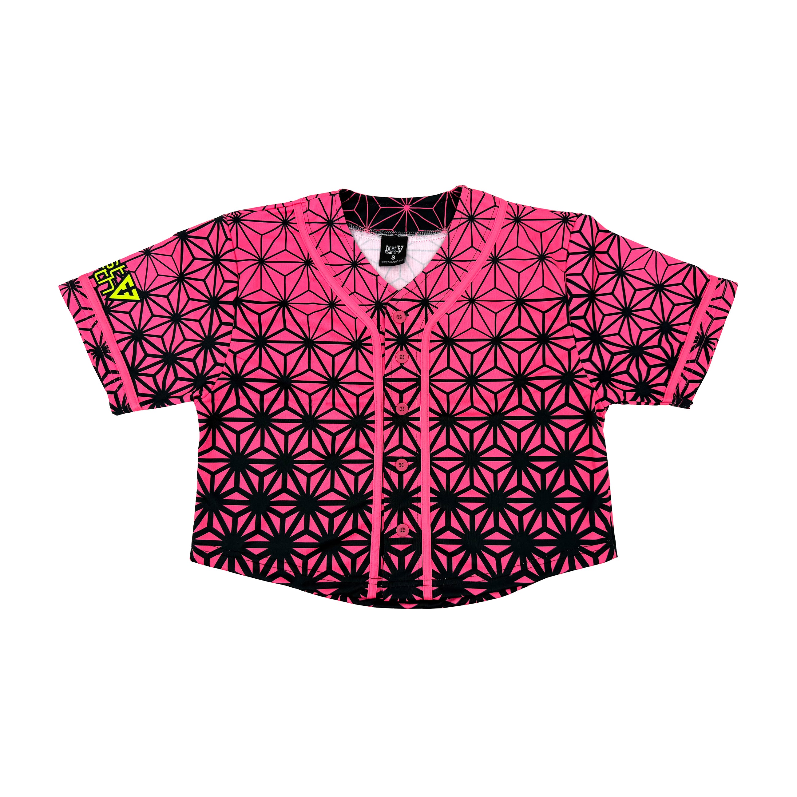 Asanoha pink UV crop baseball jersey by First Earth – cropped rave tee that glows under blacklight, featuring delicate Asanoha geometry on breathable fabric 