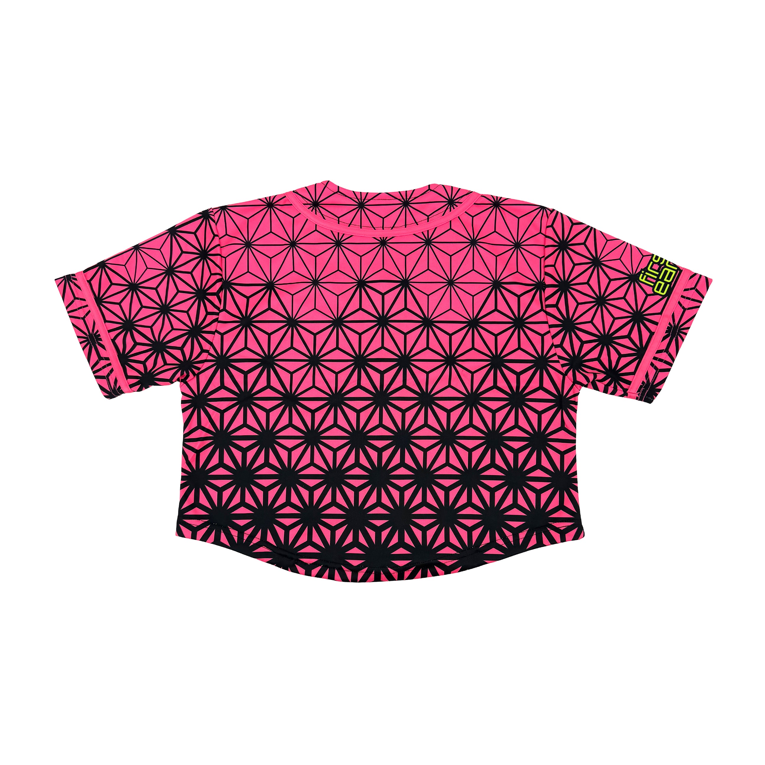 Asanoha pink UV crop baseball jersey by First Earth – cropped rave tee that glows under blacklight, featuring delicate Asanoha geometry on breathable fabric 