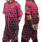 Asanoha pink UV baseball jersey by First Earth – oversized rave jersey glowing under blacklight, adorned with sacred Asanoha geometric design 