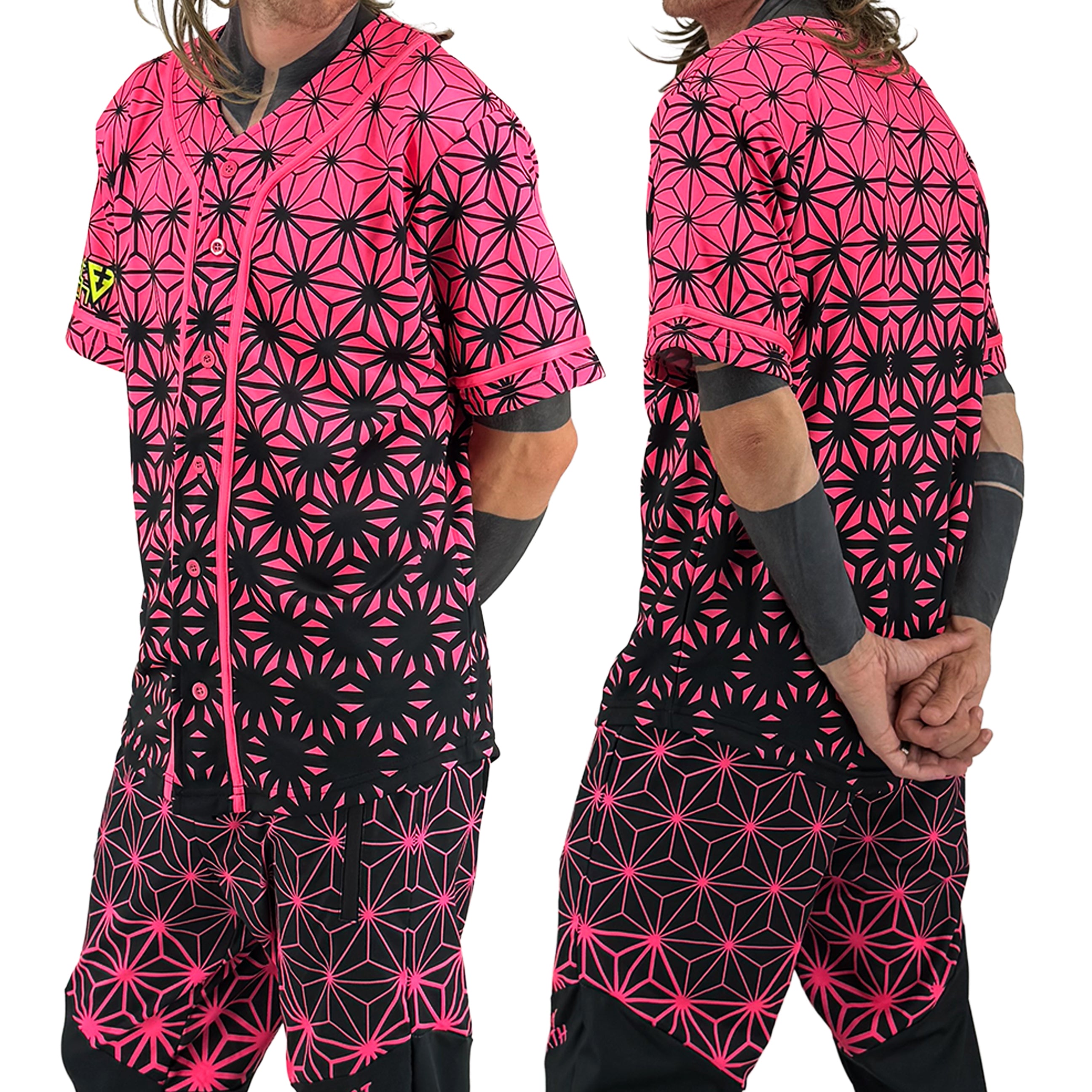 Asanoha pink UV baseball jersey by First Earth – oversized rave jersey glowing under blacklight, adorned with sacred Asanoha geometric design 