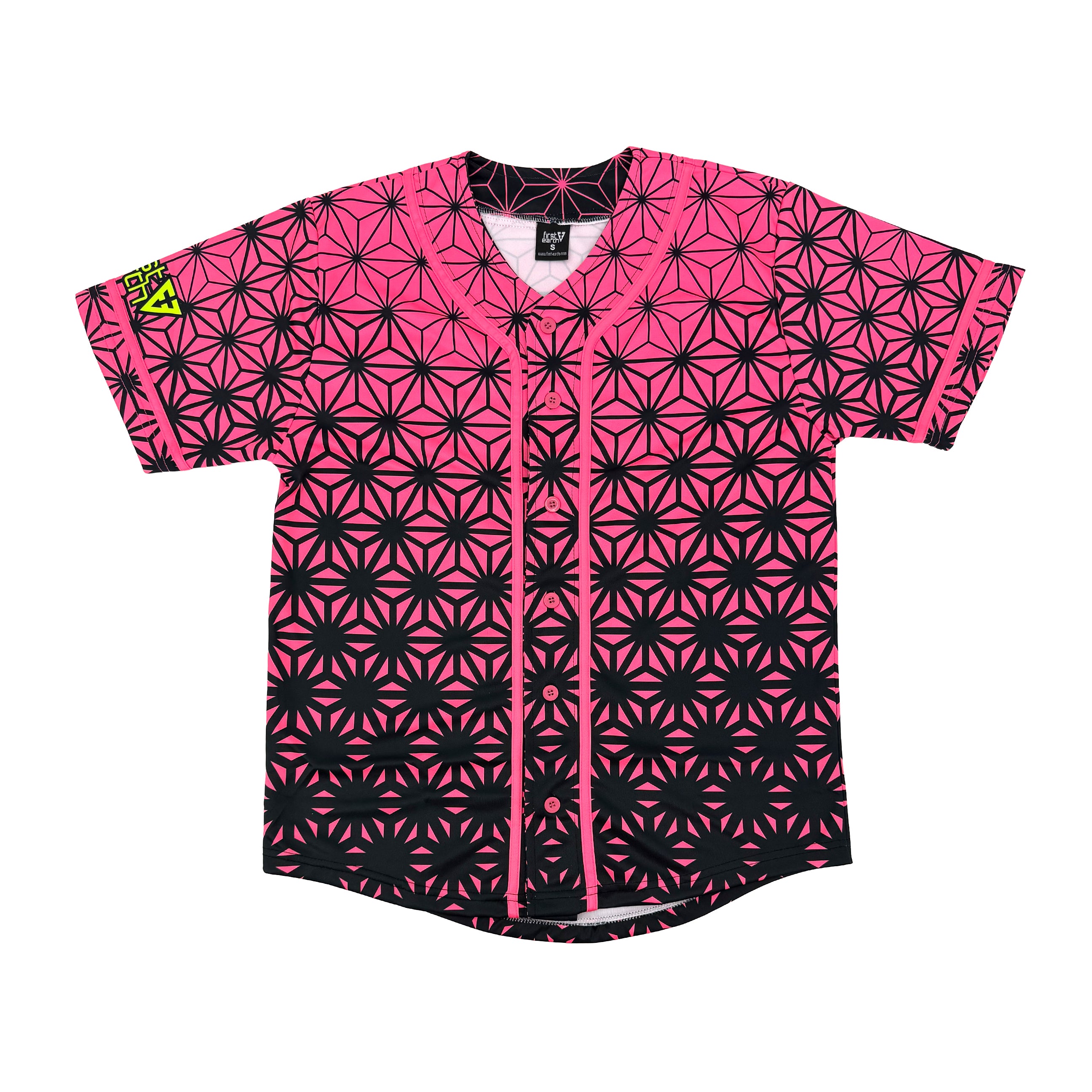 Asanoha pink UV baseball jersey by First Earth – oversized rave jersey glowing under blacklight, adorned with sacred Asanoha geometric design 