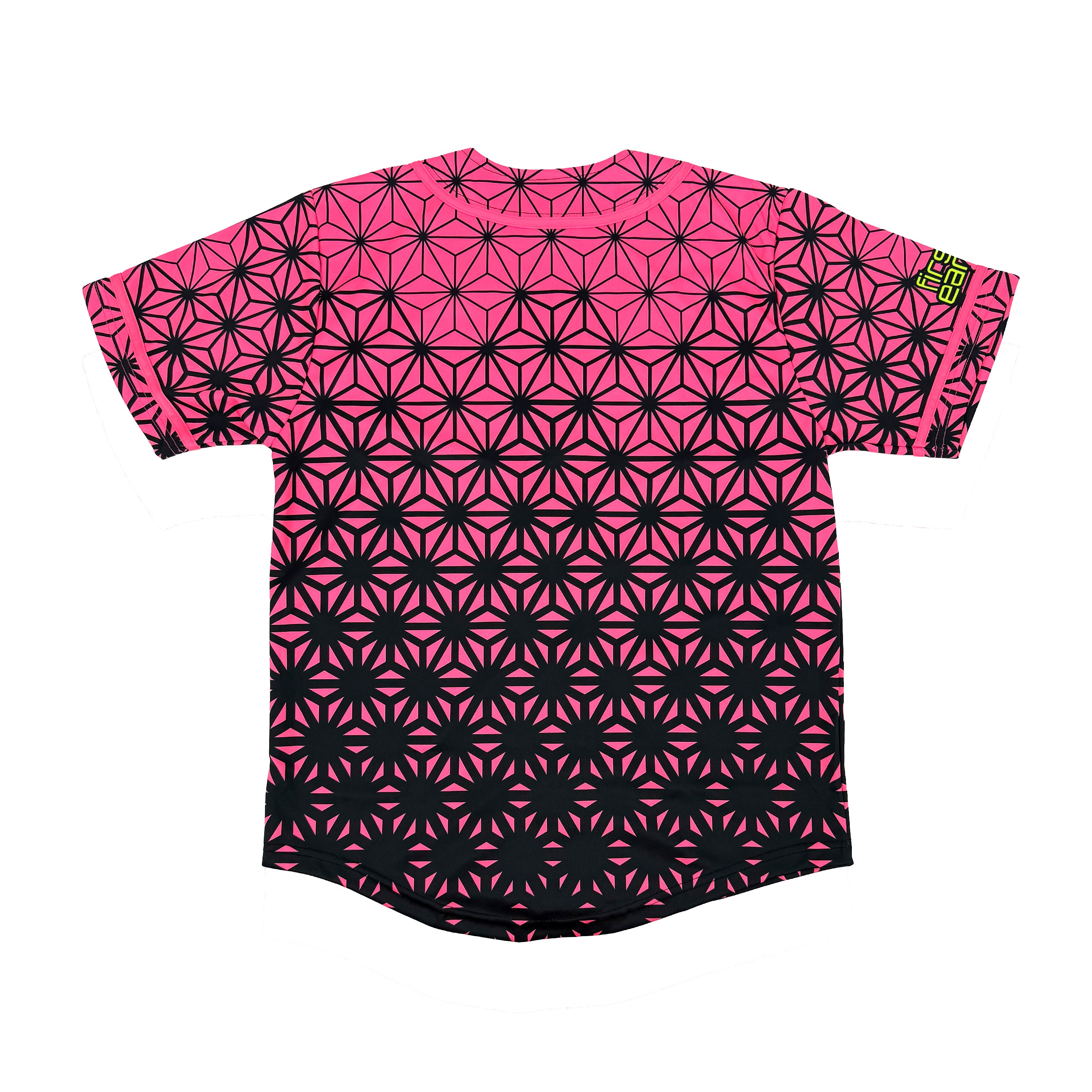 Asanoha pink UV baseball jersey by First Earth – oversized rave jersey glowing under blacklight, adorned with sacred Asanoha geometric design 