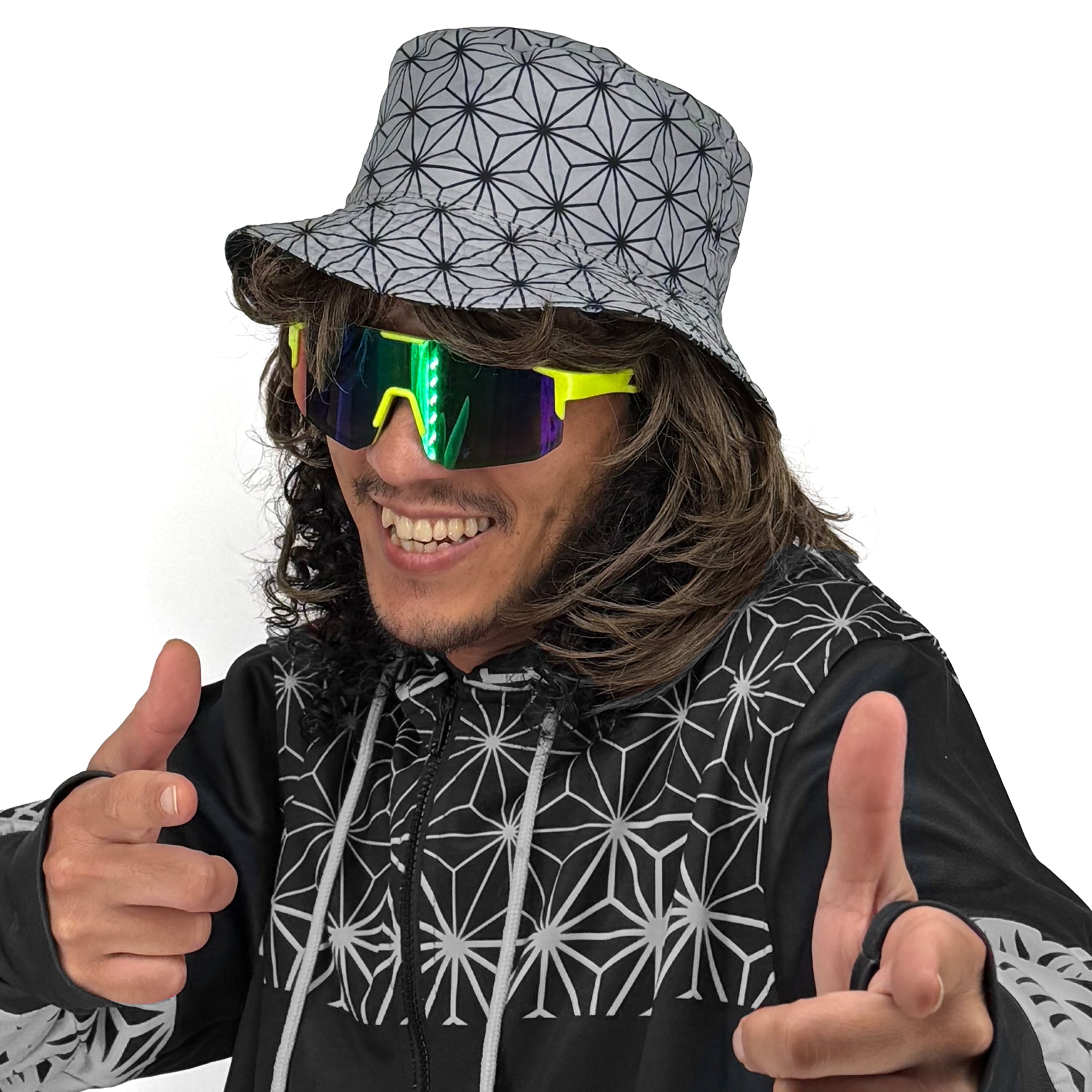 Asanoha Gray Bucket Hat by First Earth – stylish reversible hat for festivals and raves