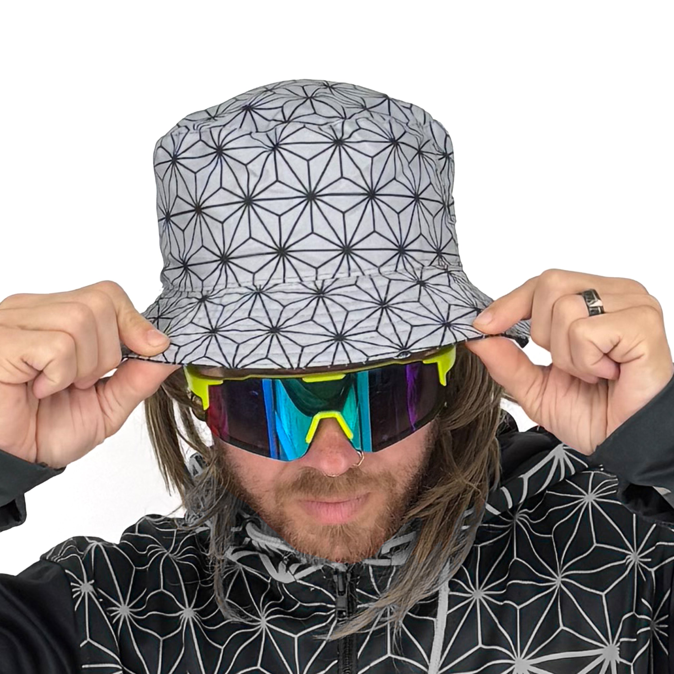 Asanoha Gray Bucket Hat by First Earth – stylish reversible hat for festivals and raves