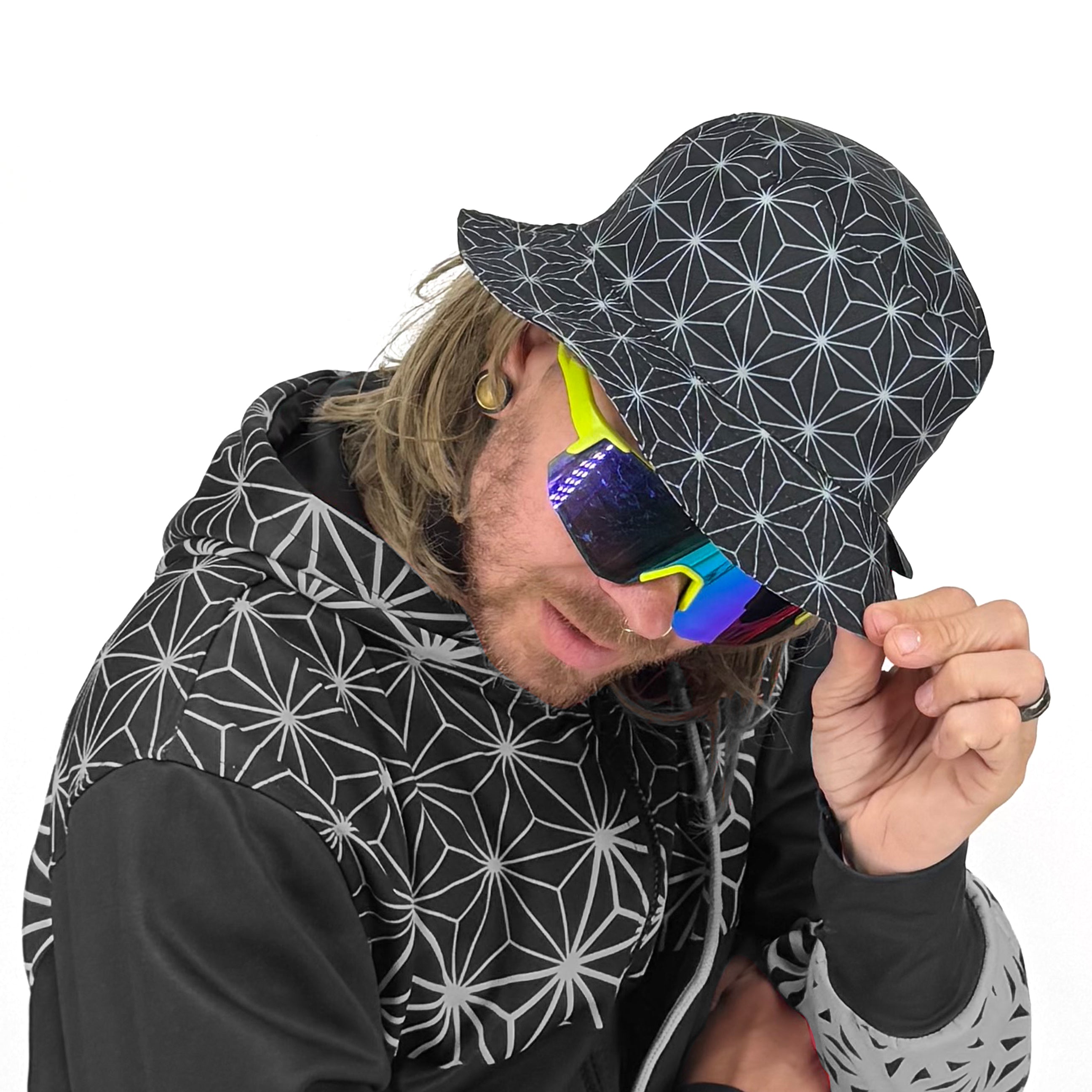 Asanoha Gray Bucket Hat by First Earth – stylish reversible hat for festivals and raves