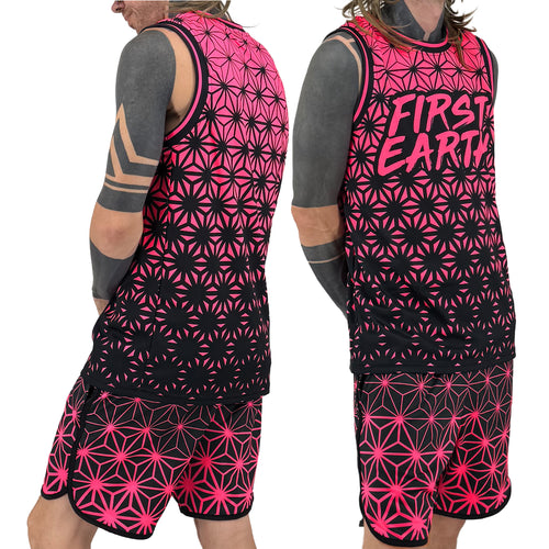 Asanoha pink UV basketball jersey by First Earth – lightweight mesh rave jersey with sacred geometry design that glows under blacklight 