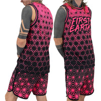 Asanoha pink UV basketball jersey by First Earth – lightweight mesh rave jersey with sacred geometry design that glows under blacklight 