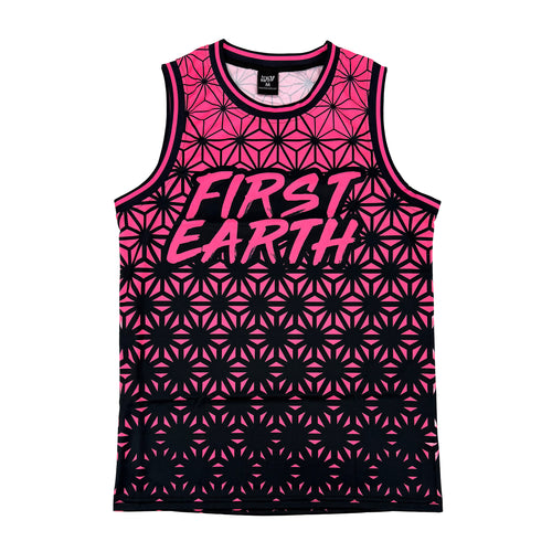 Asanoha pink UV basketball jersey by First Earth – lightweight mesh rave jersey with sacred geometry design that glows under blacklight 