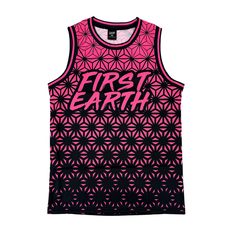 Asanoha pink UV basketball jersey by First Earth – lightweight mesh rave jersey with sacred geometry design that glows under blacklight 