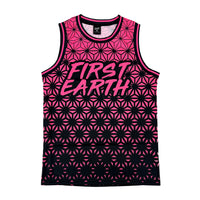 Asanoha pink UV basketball jersey by First Earth – lightweight mesh rave jersey with sacred geometry design that glows under blacklight 