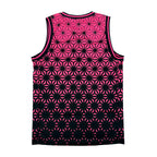 Asanoha pink UV basketball jersey by First Earth – lightweight mesh rave jersey with sacred geometry design that glows under blacklight 