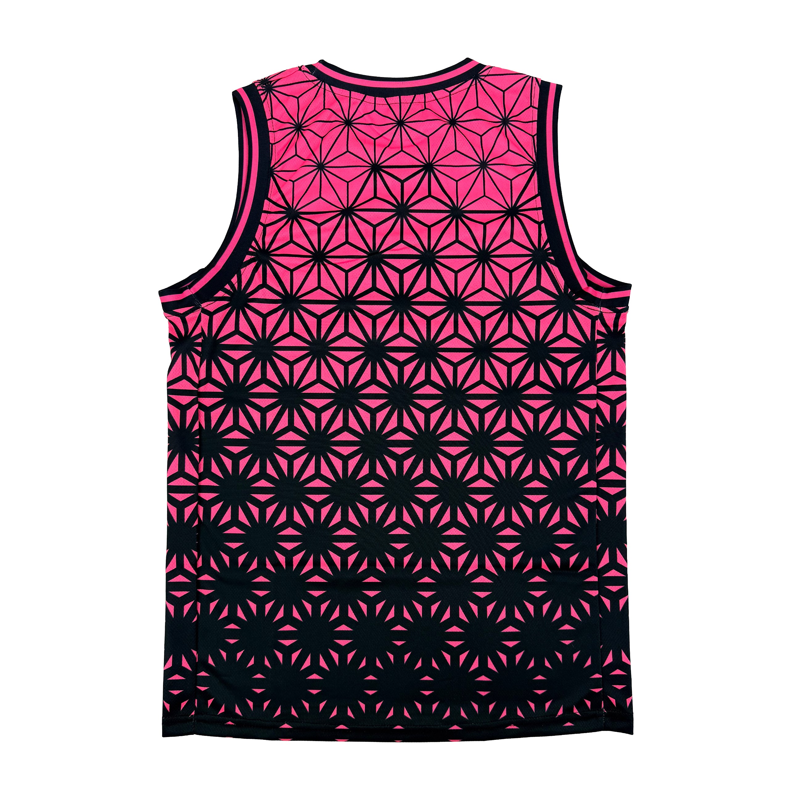 Asanoha pink UV basketball jersey by First Earth – lightweight mesh rave jersey with sacred geometry design that glows under blacklight 
