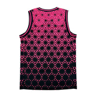 Asanoha pink UV basketball jersey by First Earth – lightweight mesh rave jersey with sacred geometry design that glows under blacklight 