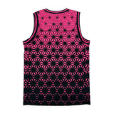 Asanoha pink UV basketball jersey by First Earth – lightweight mesh rave jersey with sacred geometry design that glows under blacklight 