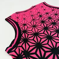 Asanoha pink UV basketball jersey by First Earth – lightweight mesh rave jersey with sacred geometry design that glows under blacklight 