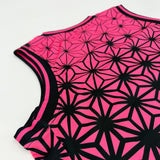 Asanoha pink UV basketball jersey by First Earth – lightweight mesh rave jersey with sacred geometry design that glows under blacklight 