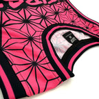 Asanoha pink UV basketball jersey by First Earth – lightweight mesh rave jersey with sacred geometry design that glows under blacklight 