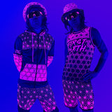 Asanoha pink UV apparel set by First Earth – rave-ready collection featuring matching jerseys, hoodie, hat, shorts, and joggers with glowing sacred geometry design that shines under blacklight