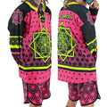 Flower of Life UV pink hockey jersey by First Earth – oversized rave jersey with sacred geometry Flow Star design that glows under blacklight