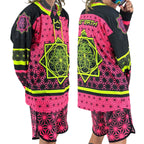 Flower of Life UV pink hockey jersey by First Earth – oversized rave jersey with sacred geometry Flow Star design that glows under blacklight