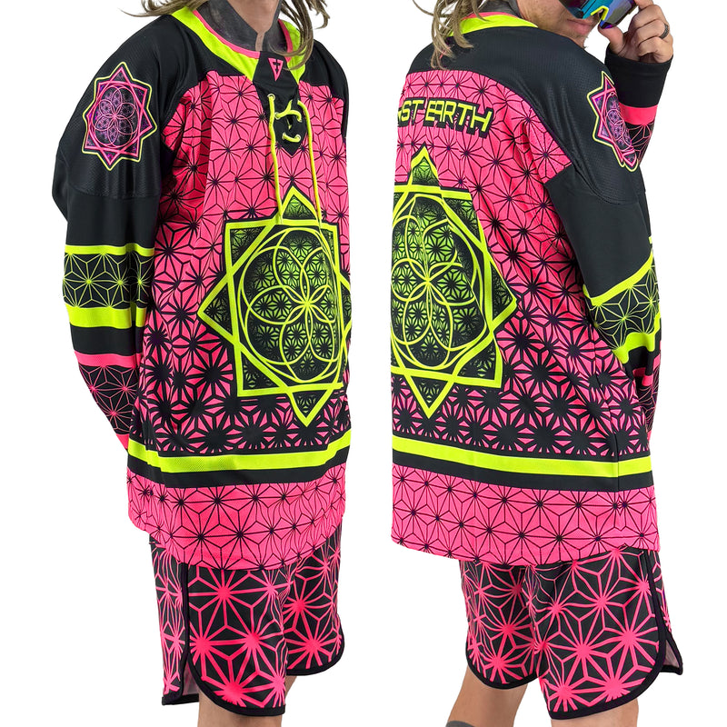 Flower of Life UV pink hockey jersey by First Earth – oversized rave jersey with sacred geometry Flow Star design that glows under blacklight
