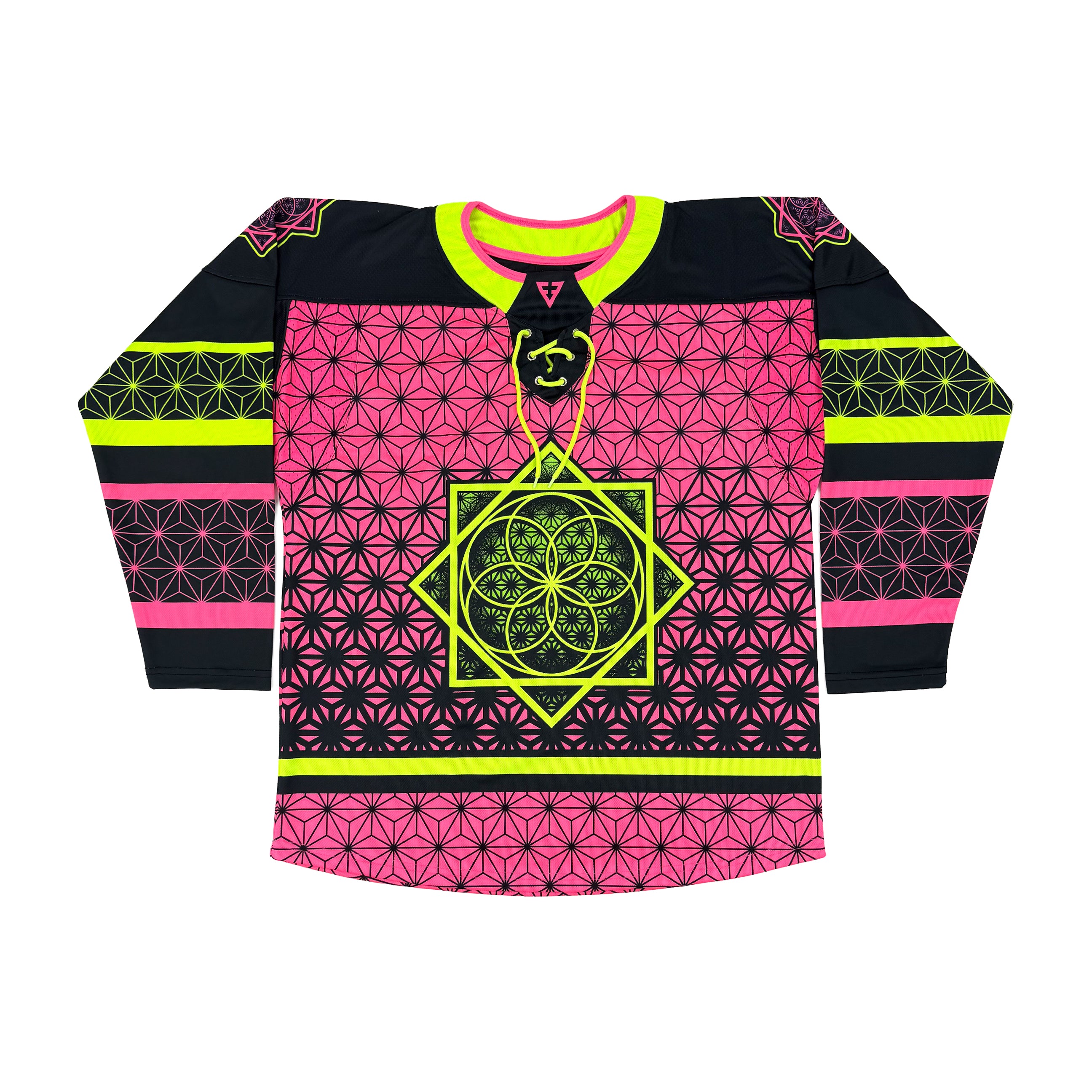 Flower of Life UV pink hockey jersey by First Earth – oversized rave jersey with sacred geometry Flow Star design that glows under blacklight