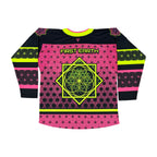 Flower of Life UV pink hockey jersey by First Earth – oversized rave jersey with sacred geometry Flow Star design that glows under blacklight