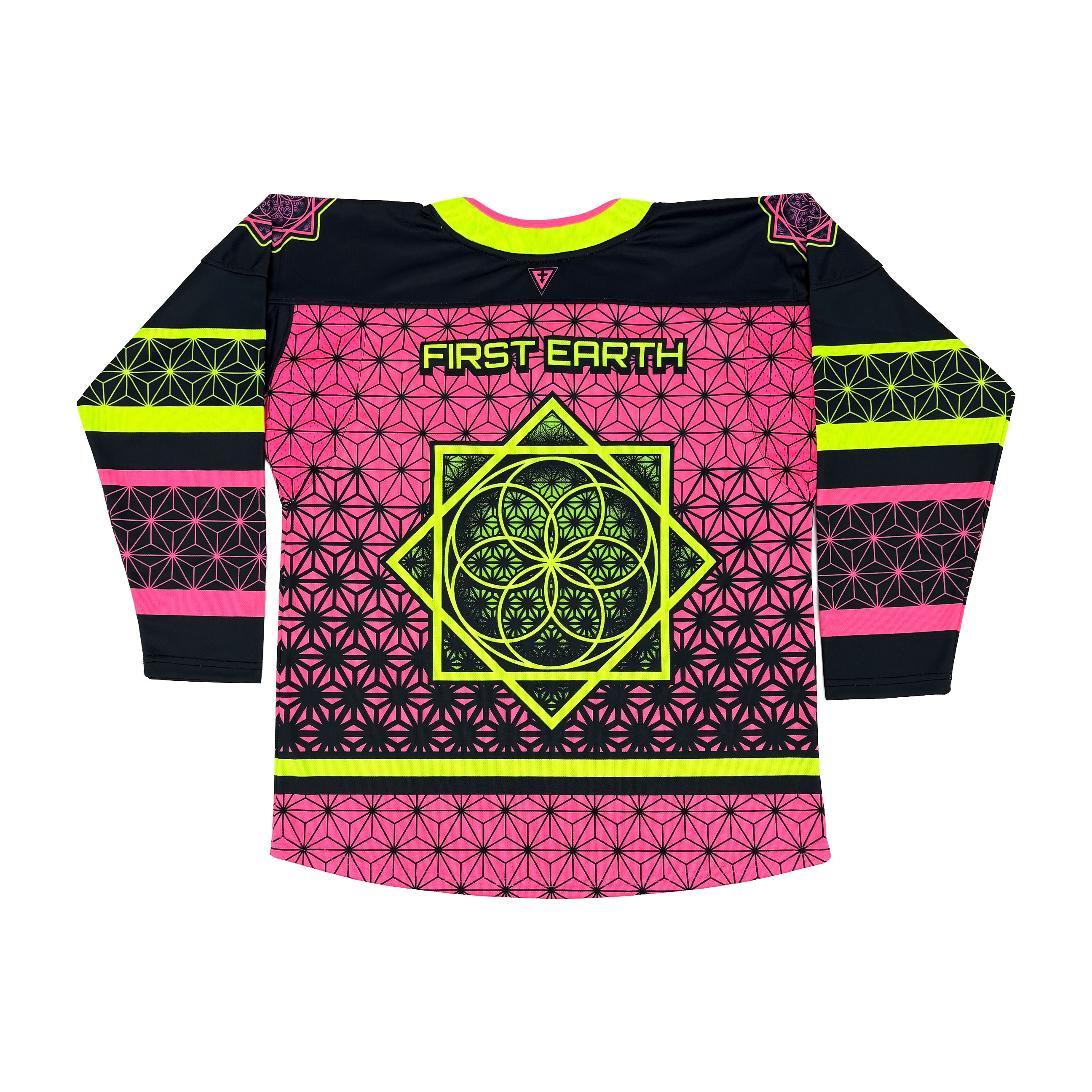 Flower of Life UV pink hockey jersey by First Earth – oversized rave jersey with sacred geometry Flow Star design that glows under blacklight