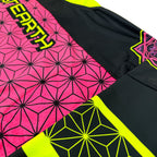 Flower of Life UV pink hockey jersey by First Earth – oversized rave jersey with sacred geometry Flow Star design that glows under blacklight