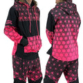 Asanoha pink UV zip‑up hoodie by First Earth – cozy rave hoodie featuring glowing sacred geometry, thumb holes, and relaxed scoop hem for festival layering 
