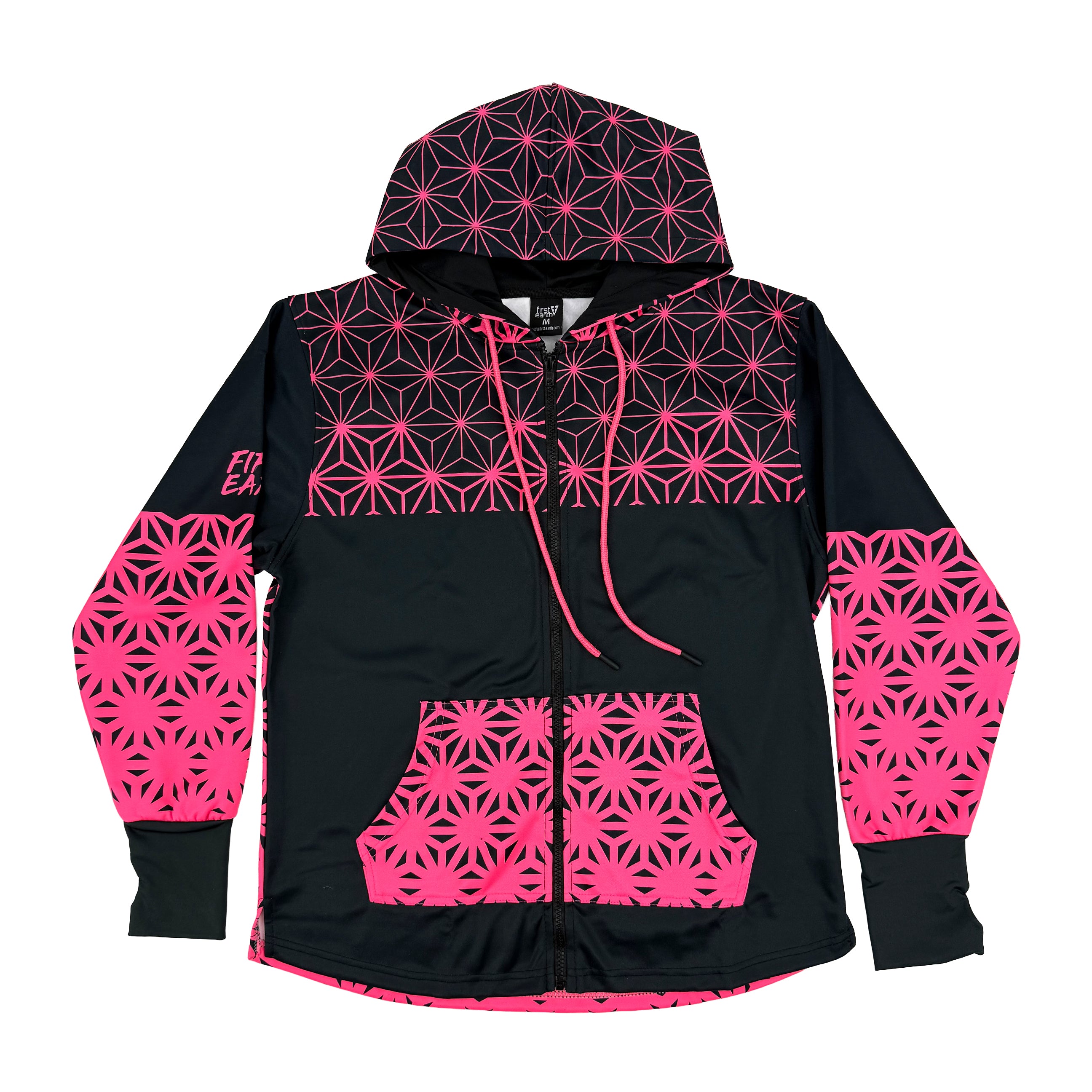 Asanoha pink UV zip‑up hoodie by First Earth – cozy rave hoodie featuring glowing sacred geometry, thumb holes, and relaxed scoop hem for festival layering 